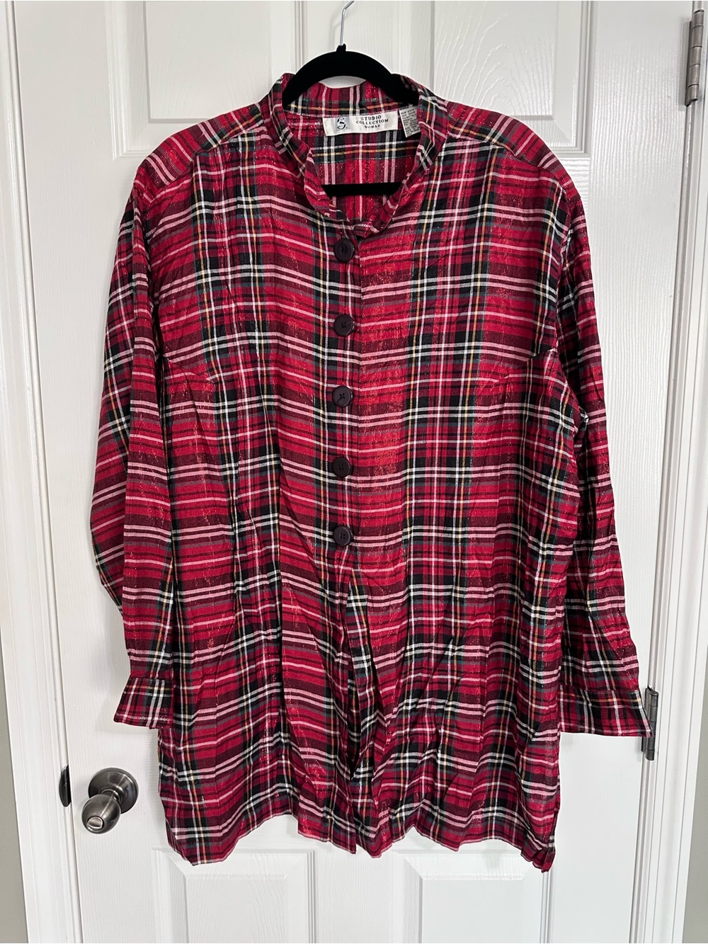 Women’s Red Plaid Button-Down Shirt - Casual Collarless Style